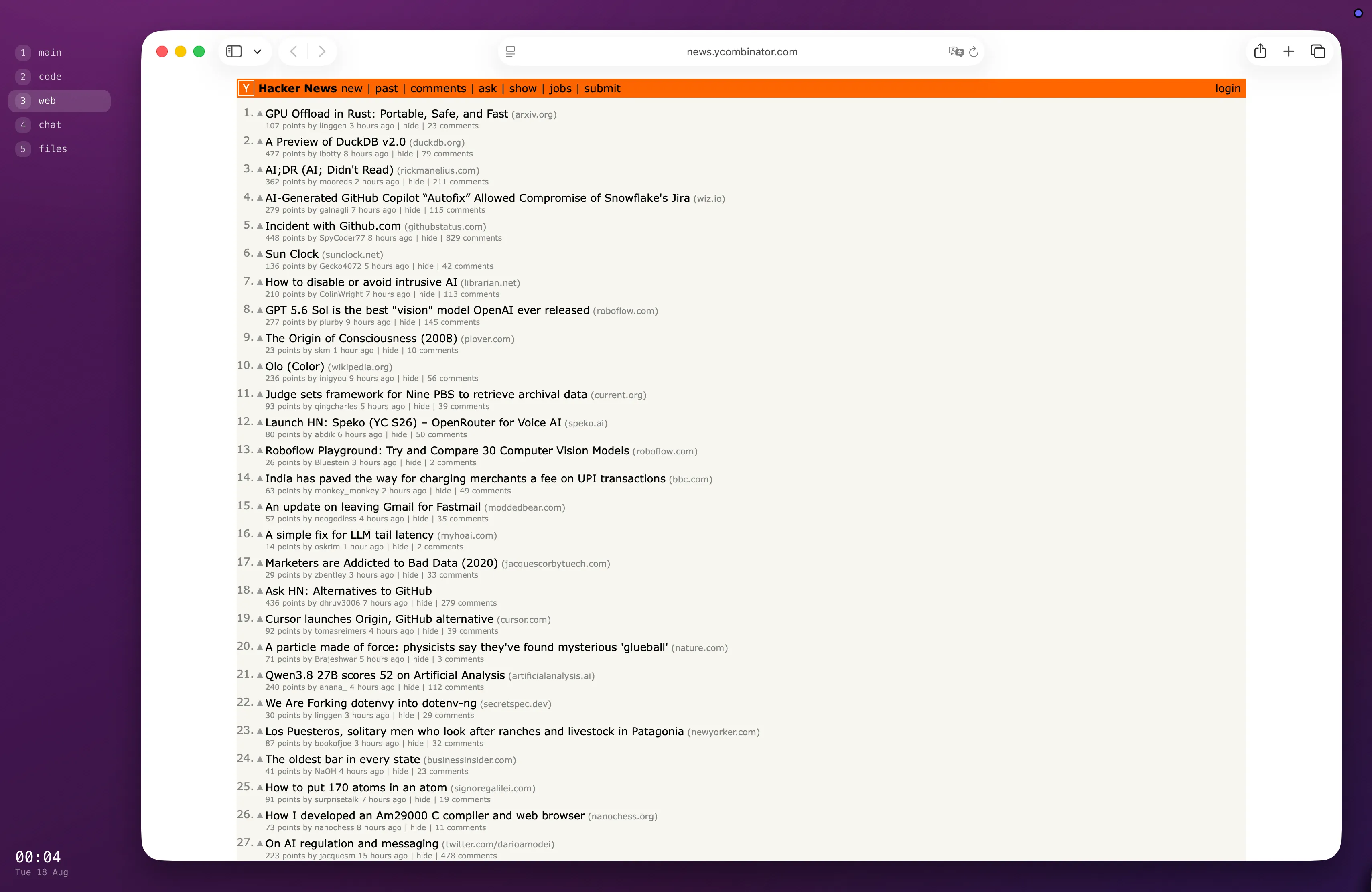 The same desktop with a single browser window showing Hacker News, the rail unchanged on
the left