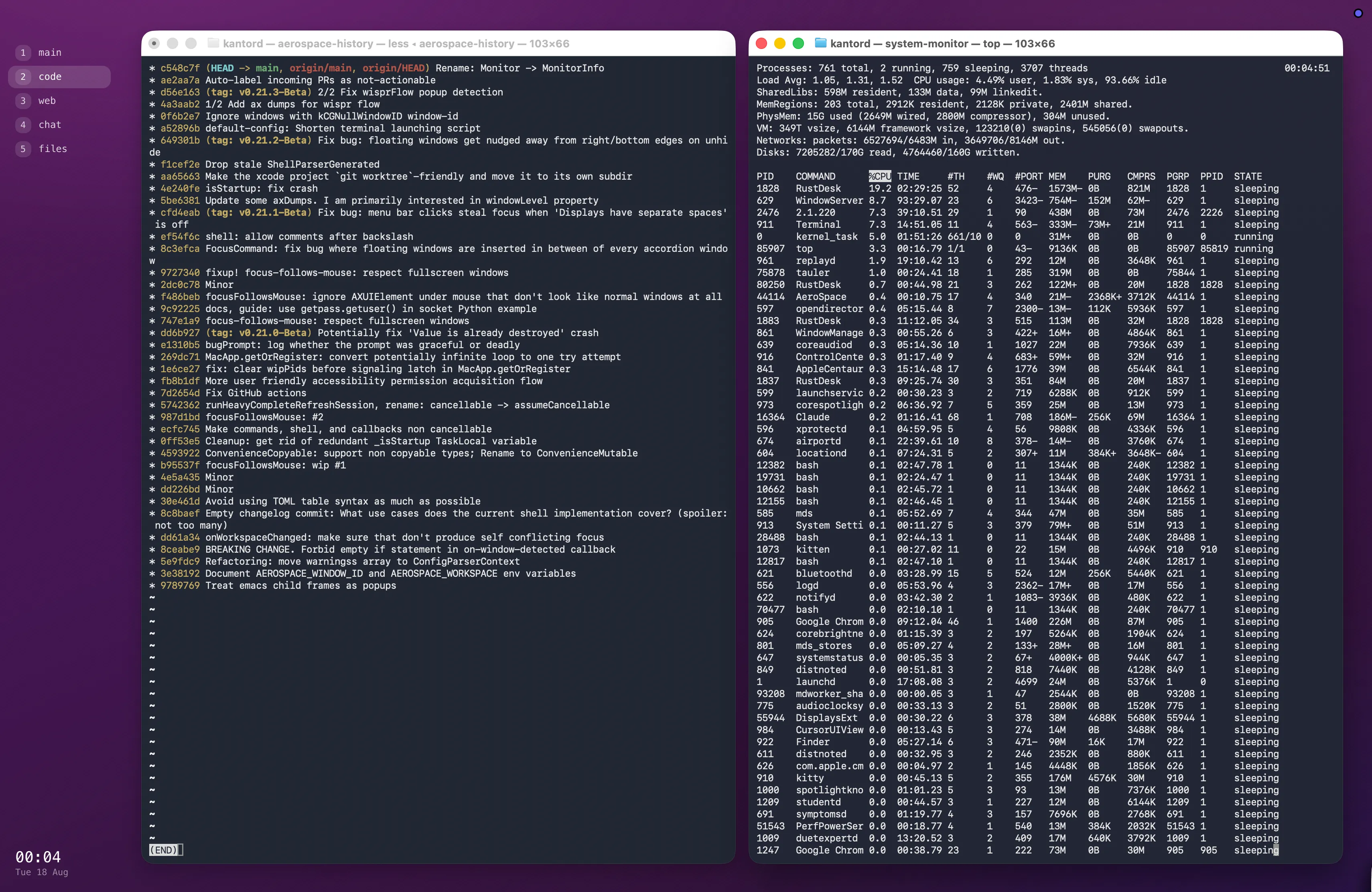 A macOS desktop under AeroSpace: a workspace rail down the left with pills for main, code,
web, chat and files, a clock at the bottom, and two terminal windows tiled side by side over
a purple gradient